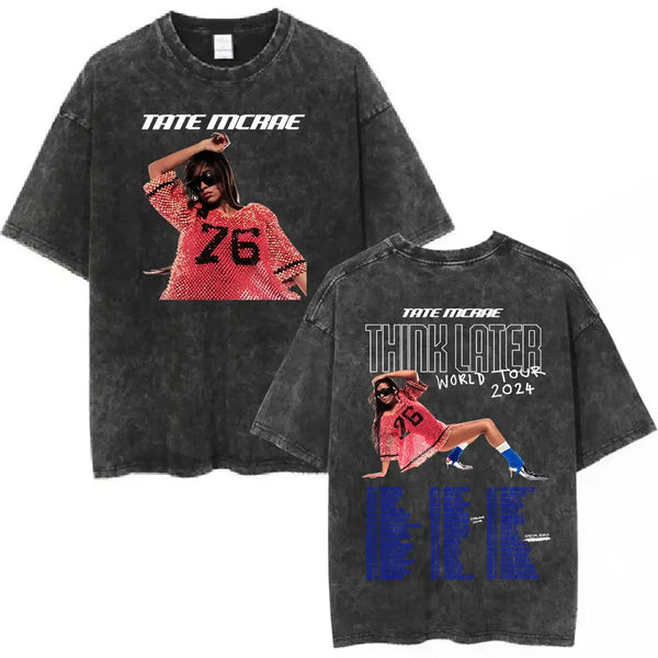 Men Women Women Fashion Vintage Washed Short Sleeve Oversized T-shirts Tate Mcrae Greedy Album Tour Merch T Shirt  100% Cotton