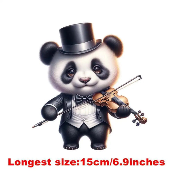 15cm Kids Funny Violin Panda Animal Iron On DTF Heat Transfer Sticker Diy T-shirt Iron On Transfer Patches Print Decals