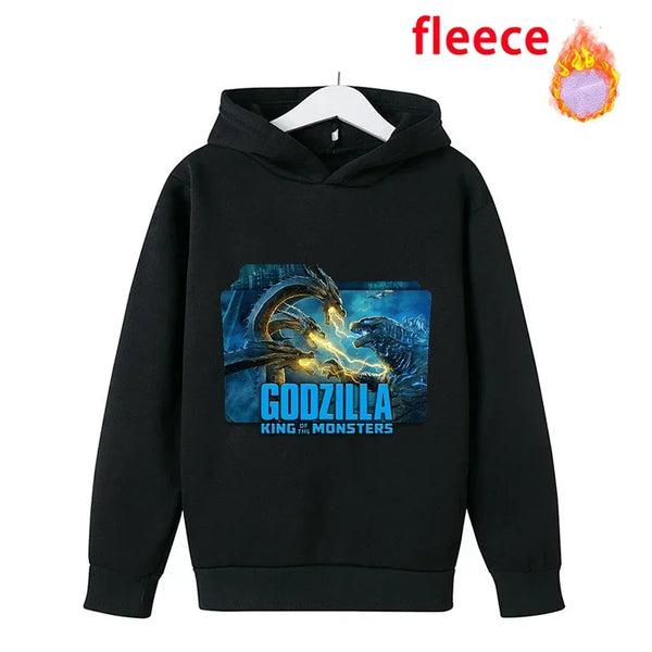 Godzilla Kong Childern Thicken Hoodie Sweatshirt Toddler Warm Movie Cartoon Long Sleeve Kids Boys Fleece Hooded Clothes Pullover